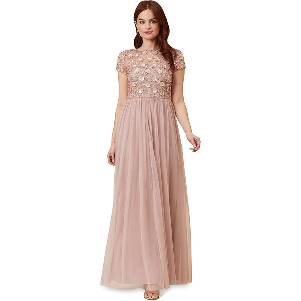 NWT Adrianna Papell Rose Colored Floral Beaded Top with Tulle Skirt Size 4